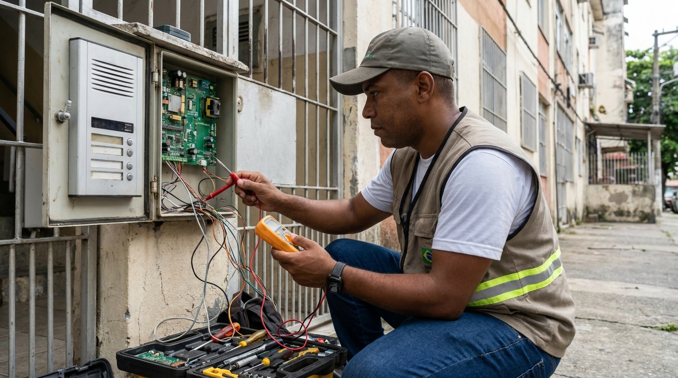Eletricista consertando interfone em Presidente Prudente‑SP