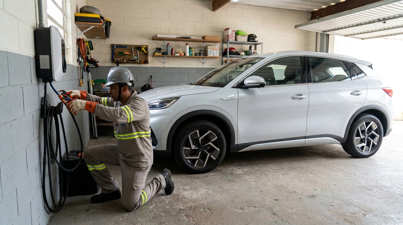 Eletricista instalando carregador de carro eletrico em Presidente Prudente‑SP