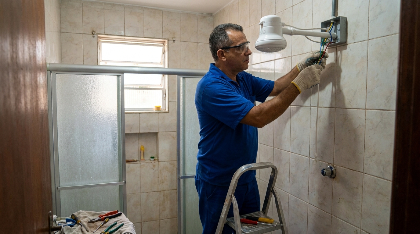 Eletricista instalando chuveiro eletrico em Presidente Prudente‑SP