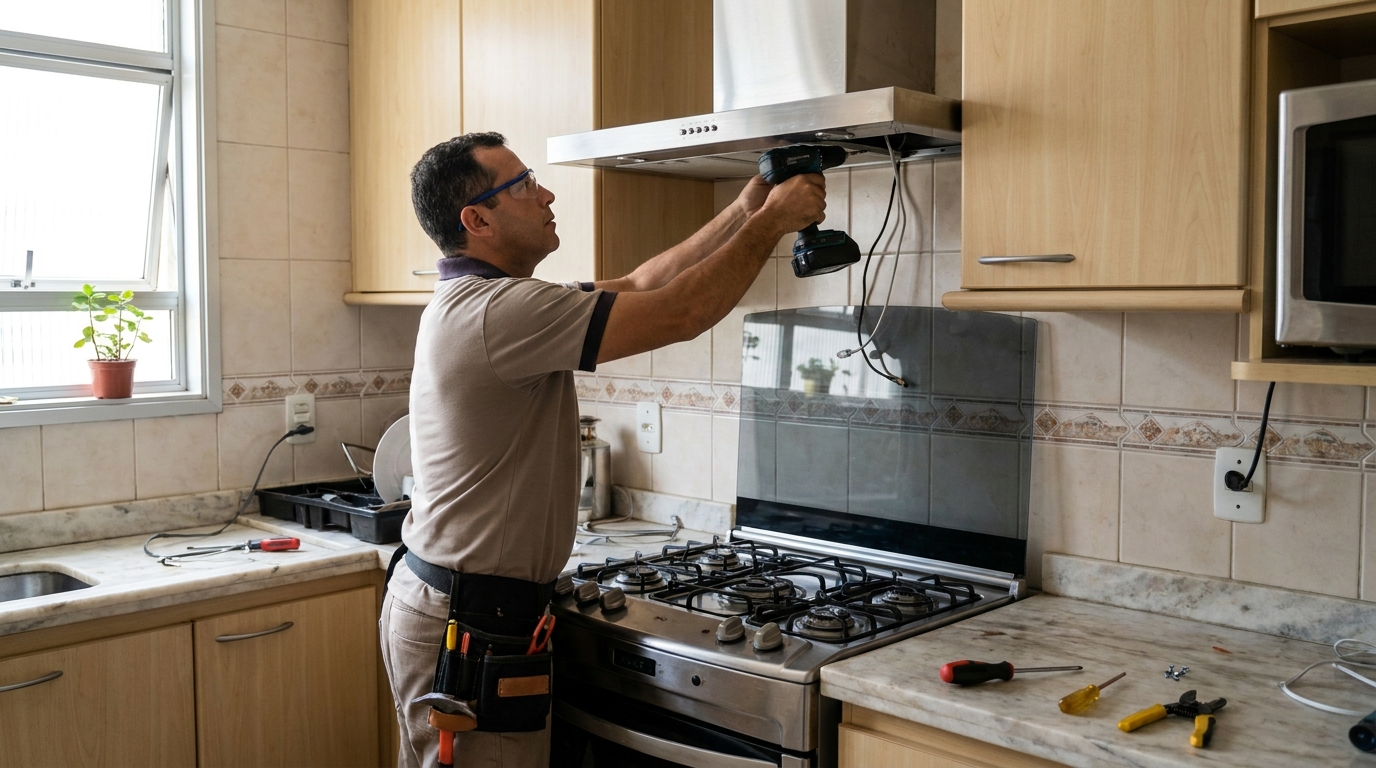 Eletricista instalando coifa em Presidente Prudente‑SP