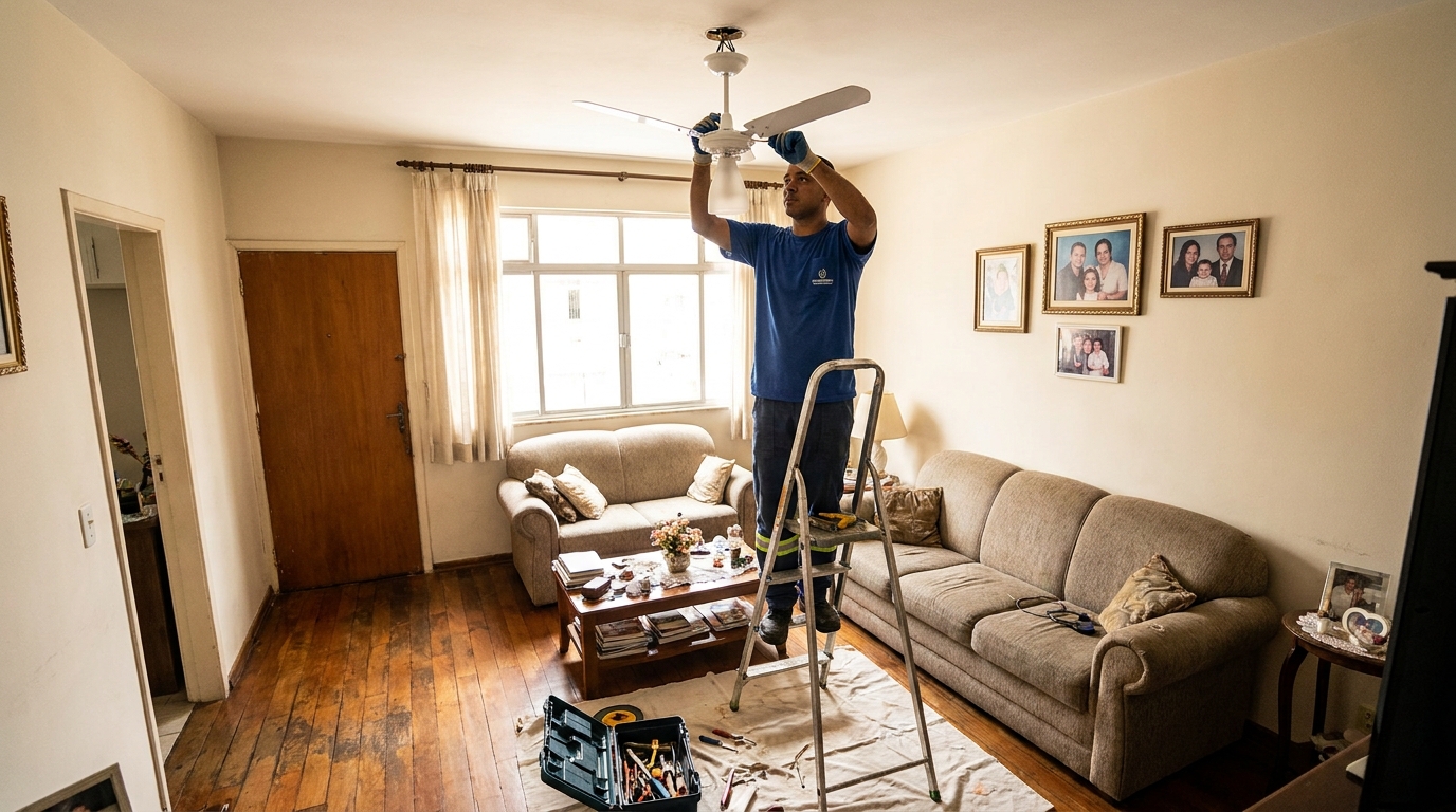 Eletricista instalando ventilador de teto em Presidente Prudente‑SP